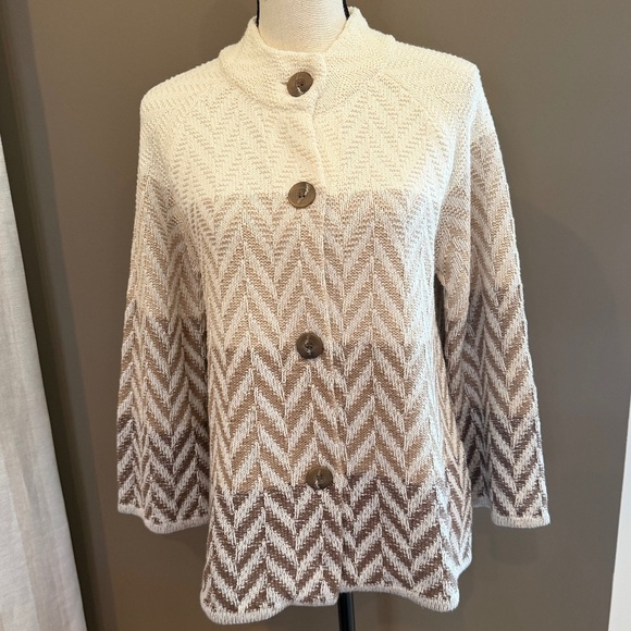 JM Collection Sweaters - JM Collection Cream & Brown Chevron Pattern Cardigan, Long Sleeve, Size Medium